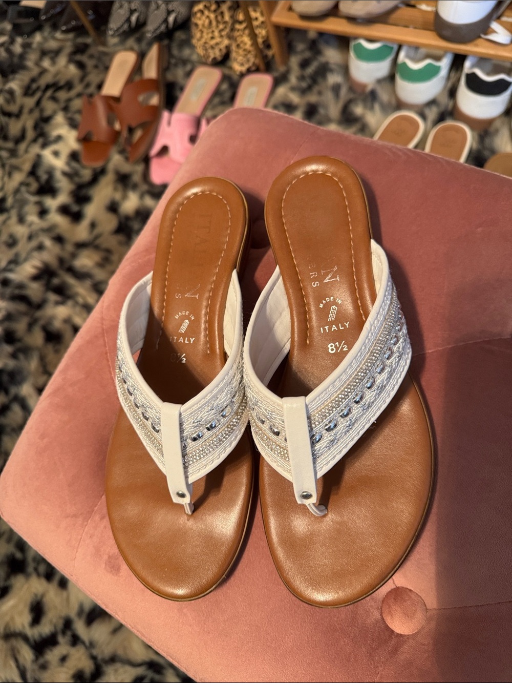 Italian Shoemakers White and Brown Beaded Thong Sandals